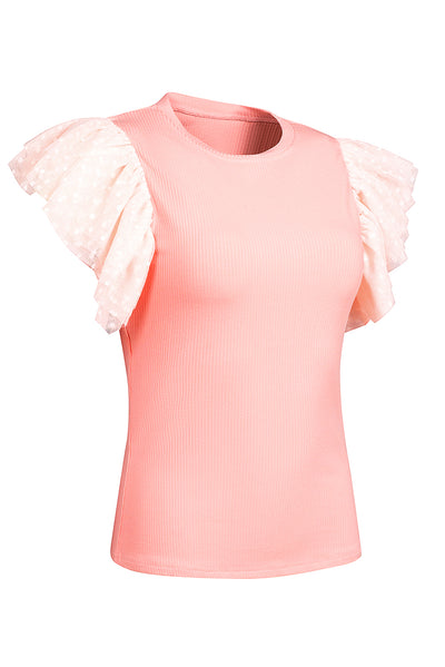 Pink Dotty Mesh Ruffle Sleeve Ribbed Knit Top