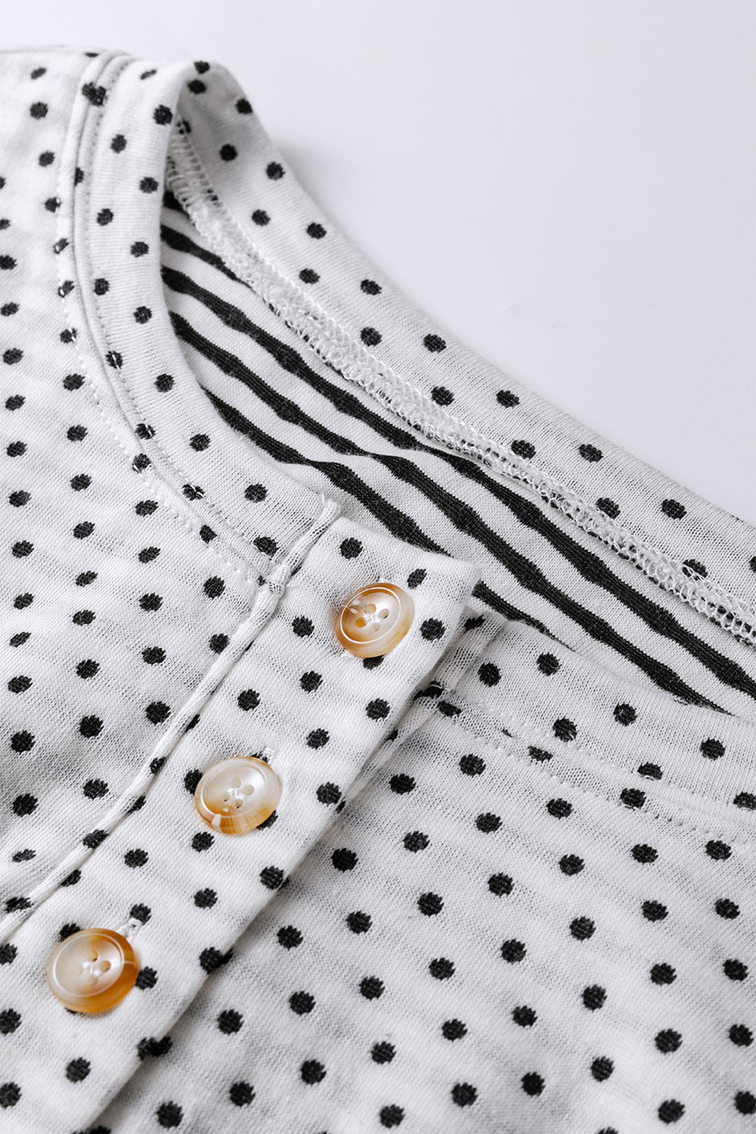 Beige Plus Size Dot Print Striped Patchwork Long Sleeve Henley Top