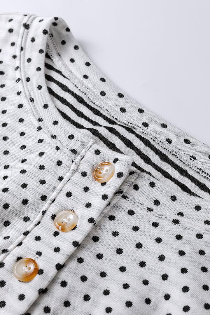 Beige Plus Size Dot Print Striped Patchwork Long Sleeve Henley Top