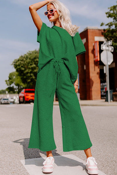 Dark Green Textured Loose Fit T Shirt and Drawstring Pants Set