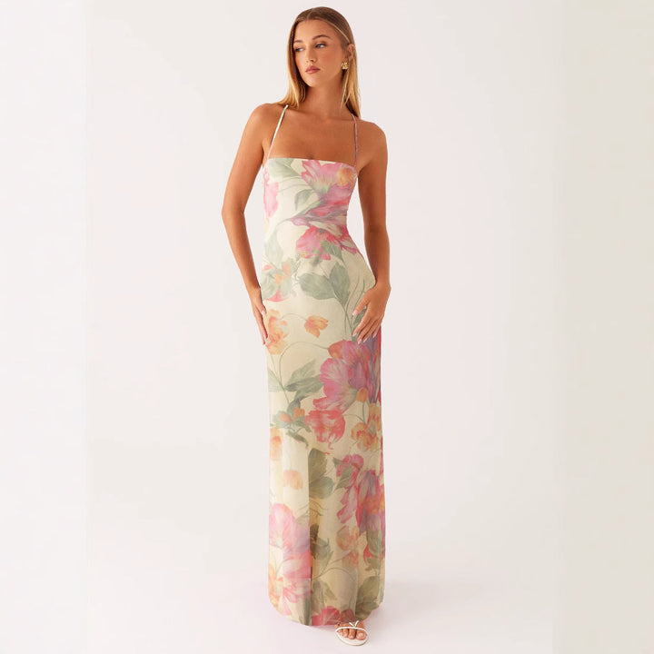 Printed Sleeveless Strap Bodycon Maxi Dress | High Waist