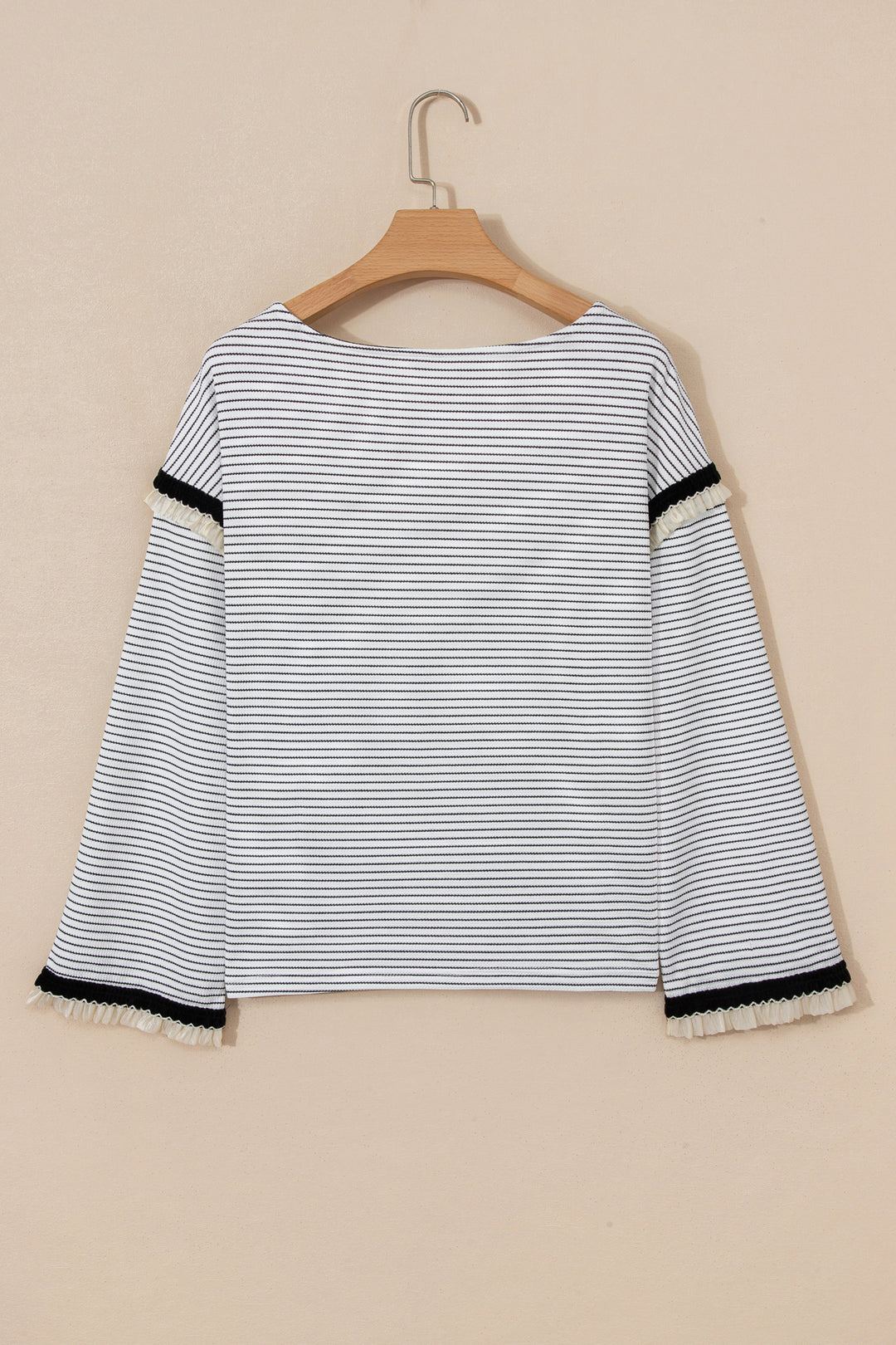 White Stripe Contrasted Ruffle Trim Loose Long Sleeve Top