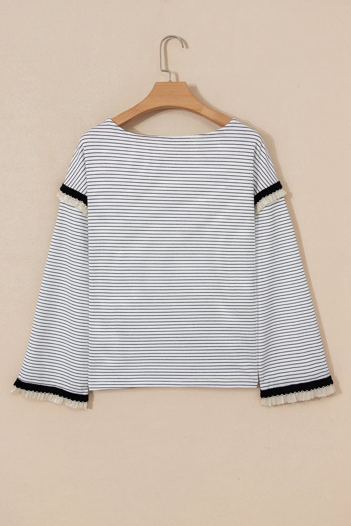 White Stripe Contrasted Ruffle Trim Loose Long Sleeve Top