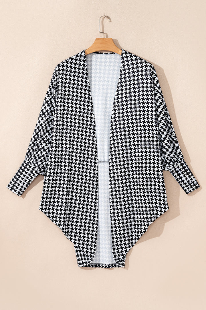 Black Houndstooth Print Open Front Long Dolman Kimonos