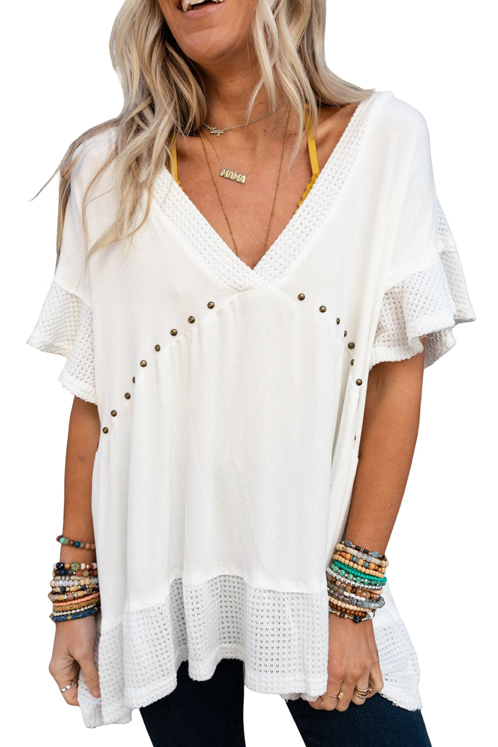 White Contrast Knit Splicing V Neck Studded Blouse