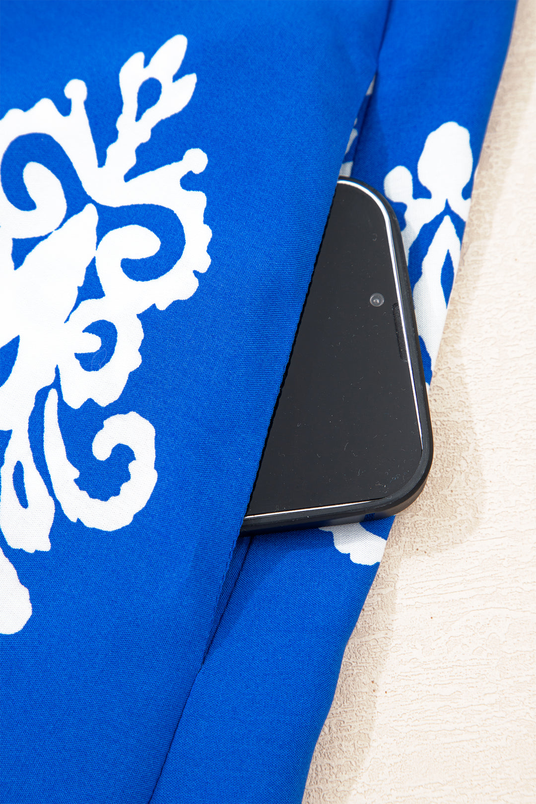 Blue Ethnic Geometric Print Collared Button Front Short Puff Sleeve Mini Dress