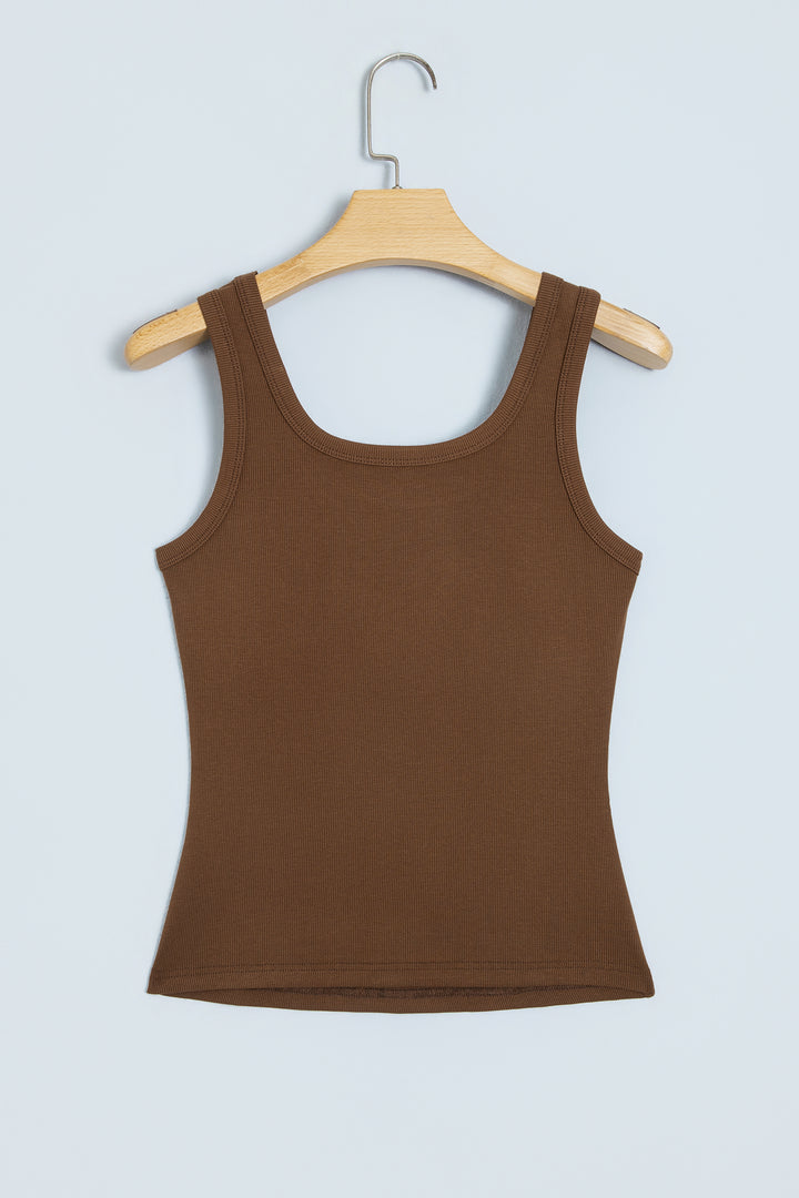 Dark Brown Studded Scoop Neck Ribbed Tank Top