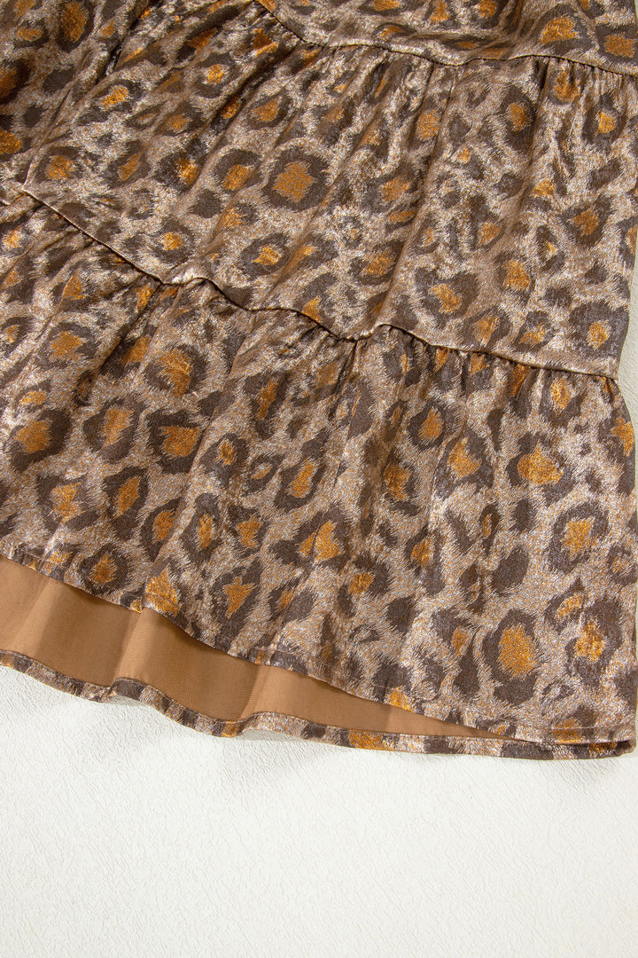 Khaki Leopard Print V Neck Ruffled Sleeve Tiered Loose Mini Dress