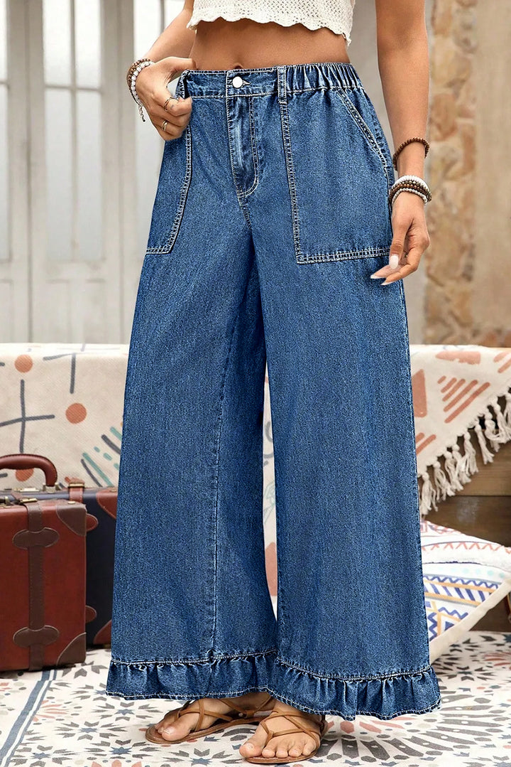 Beau Blue Plus Size Elastic Waist Ruffled Wide Leg Denim Pants