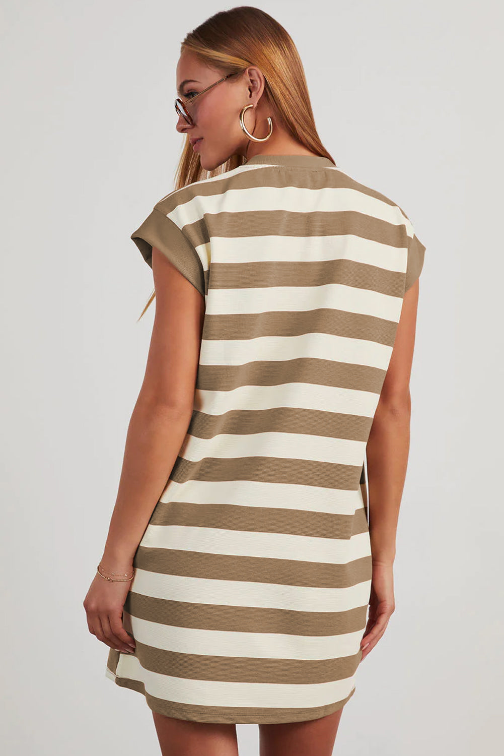Khaki Stripe Cap Sleeve Shift T Shirt Dress