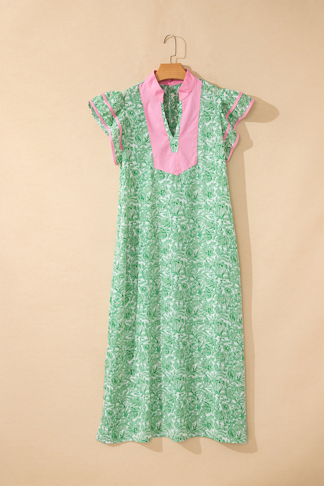 Pink Floral Print Color Block Patchwork V Neck Short Sleeve Midi Dress