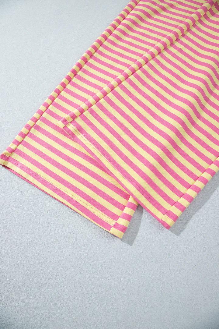 Pink Stripe Colorblock Trim Crew Neck Loose Tee Drawstring Elastic Waist 2pcs Pant Set