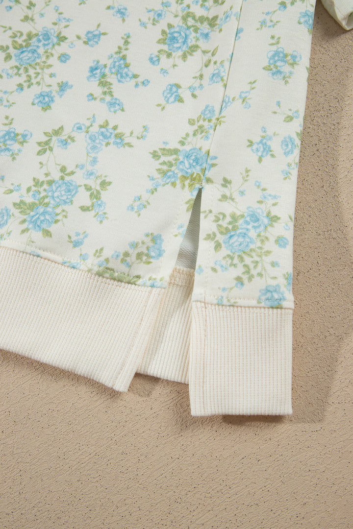 Sky Blue Floral Print Short Sleeve Elastic Waist Pocket Casual Two Piece Short Sets