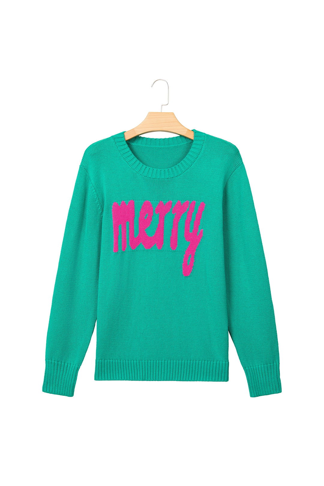 Bright Green Merry Print Ribbed Trim Round Neck Loose Fit Sweater