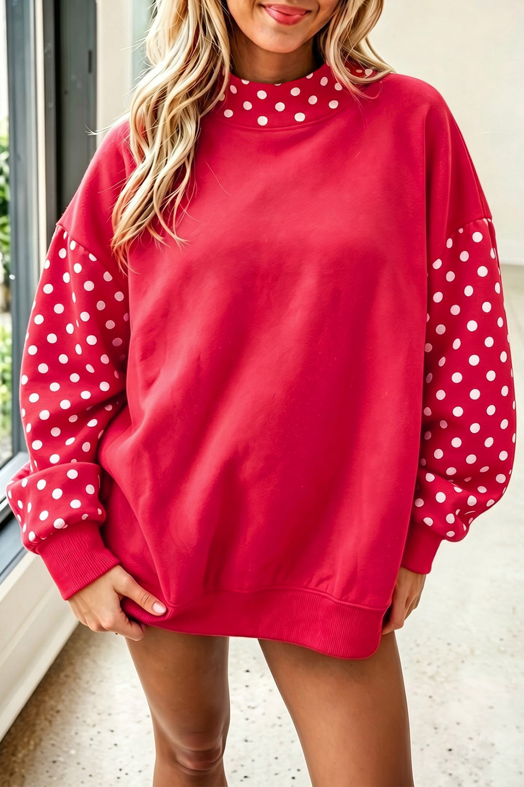 Orange Polka Dot Contrast Round Neck Long Sleeve Baggy Sweatshirt