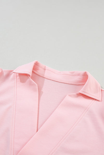 Pink Collared V Neck Puff Sleeve T-shirt