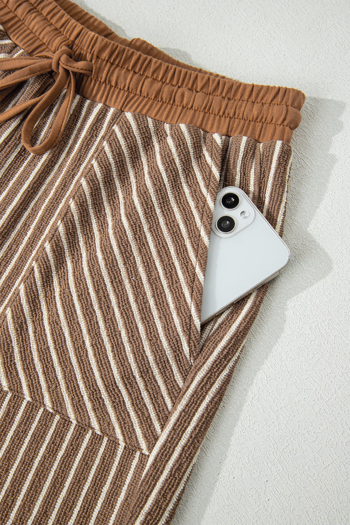 Khaki Stripe Crew Neck Tee Drawstring Waist Cropped Pants Set