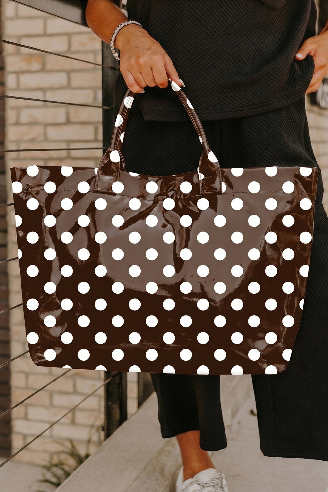 Color black Polka Dot Vinyl Glossy Tote Bag