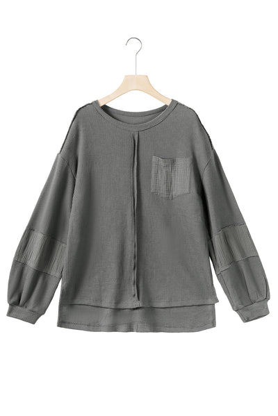 Gray Exposed Seam Patchwork Bubble Sleeve Waffle Knit Top