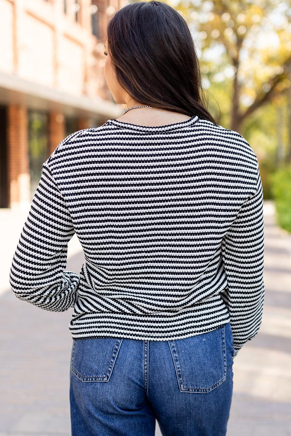 Black Stripe Round Neck Drop Shoulder Long Sleeve Top