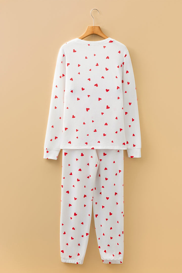 Fiery Red Tiny Hearts Printed Long Sleeve Top Drawstring Lounge Pant Set