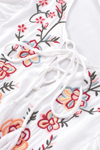 White Floral Embroidered Ruffled Lace-up V Neck Top