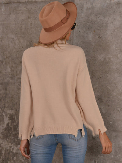 Shiny Raw Hem V-Neck Long Sleeve Knit Top