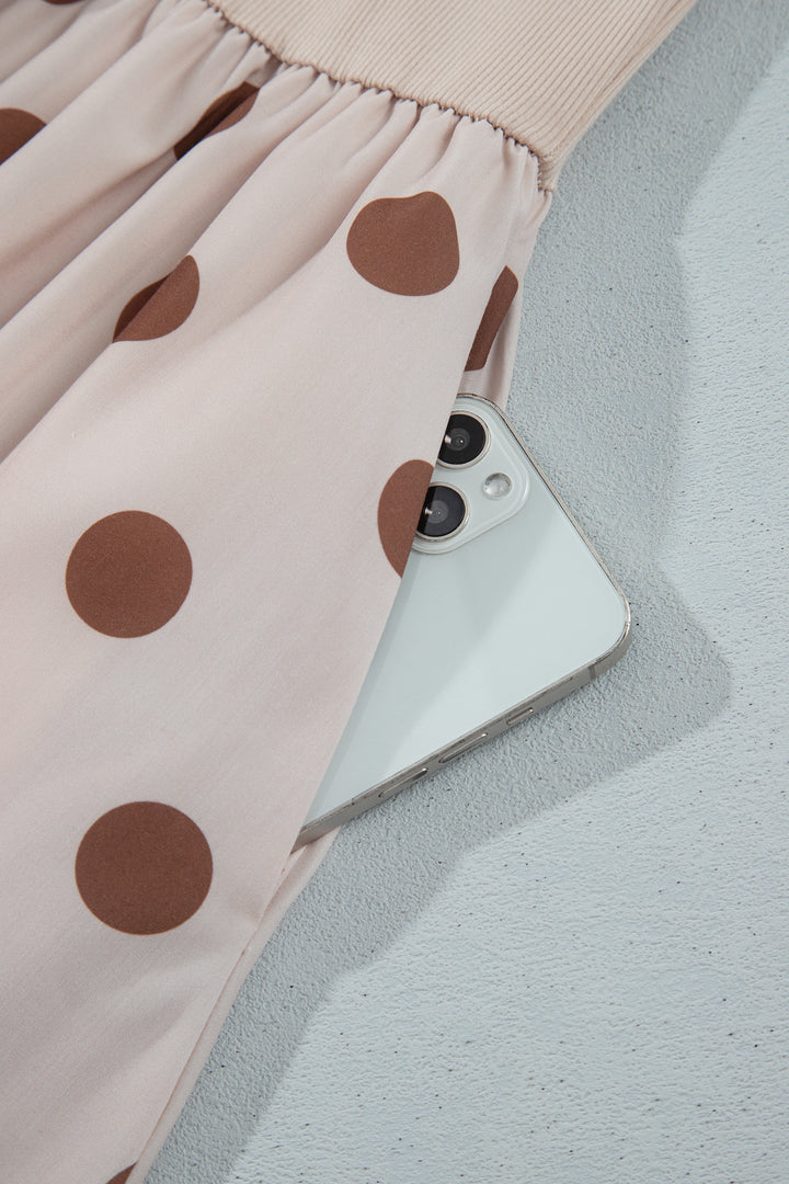 Beige Polka Dot Midi Long Sleeve Dress