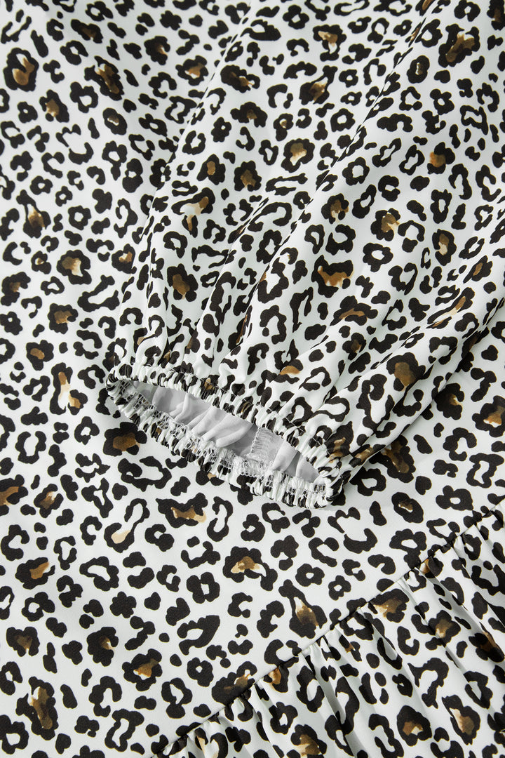 Khaki Plus Size Buttoned Contrast Trim Puff Sleeve Leopard Print Blouse