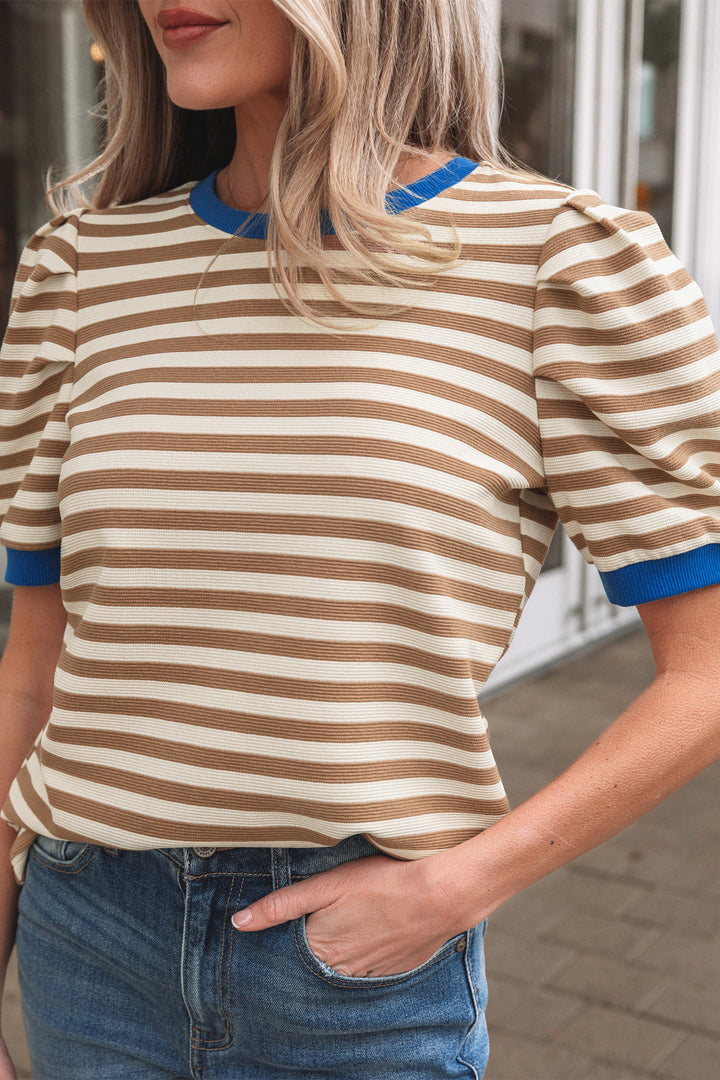 Green Stripe Short Puff Sleeve Contrast Trim Round Neck Tee