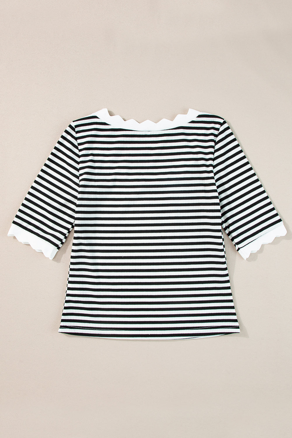 Black Striped Contrast Scallop Trim Half Sleeve T-shirt