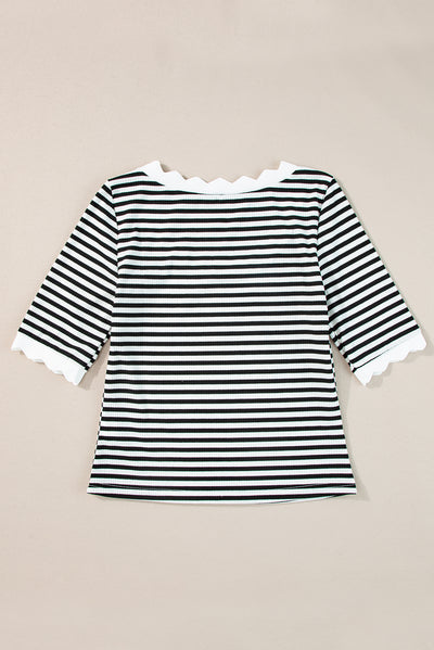 Black Striped Contrast Scallop Trim Half Sleeve T-shirt