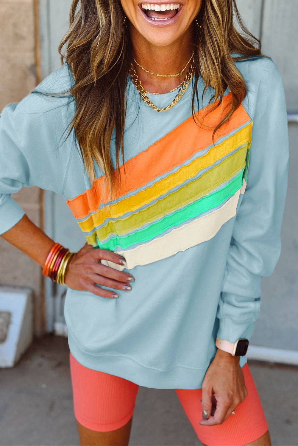 Beau Blue Rainbow Colorblock Striped Pullover Sweatshirt