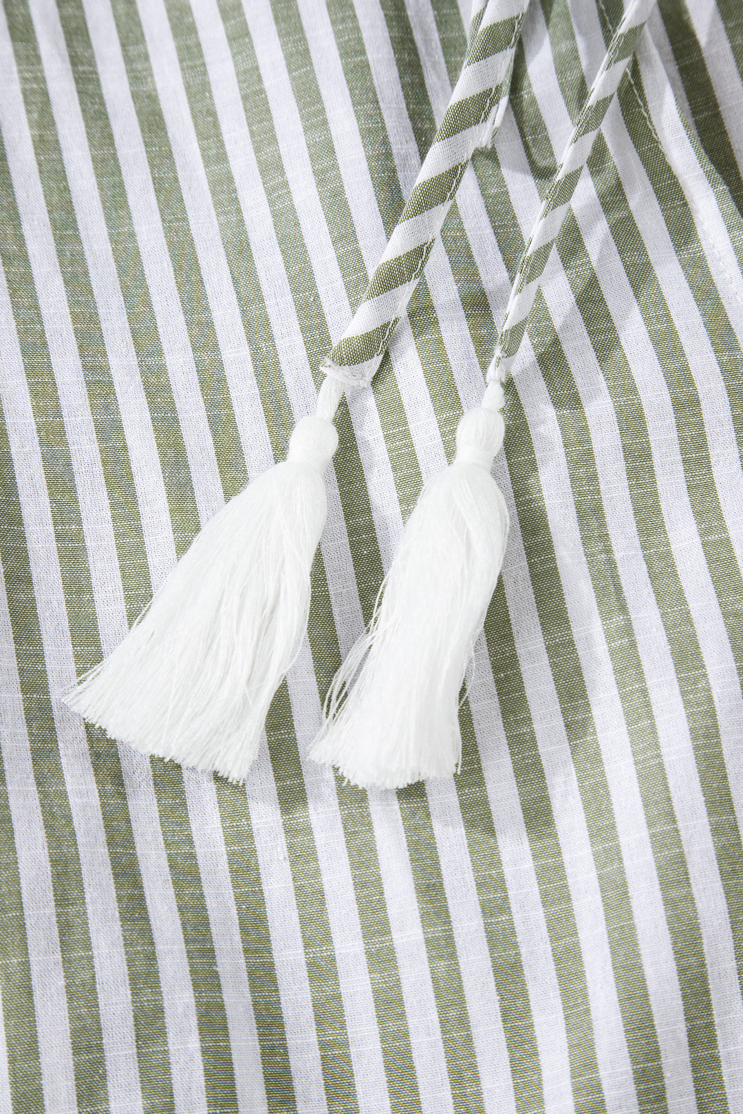 Green Stripe Tasseled Tie Neck Ruffled Short Sleeve Tiered Flattering Dress