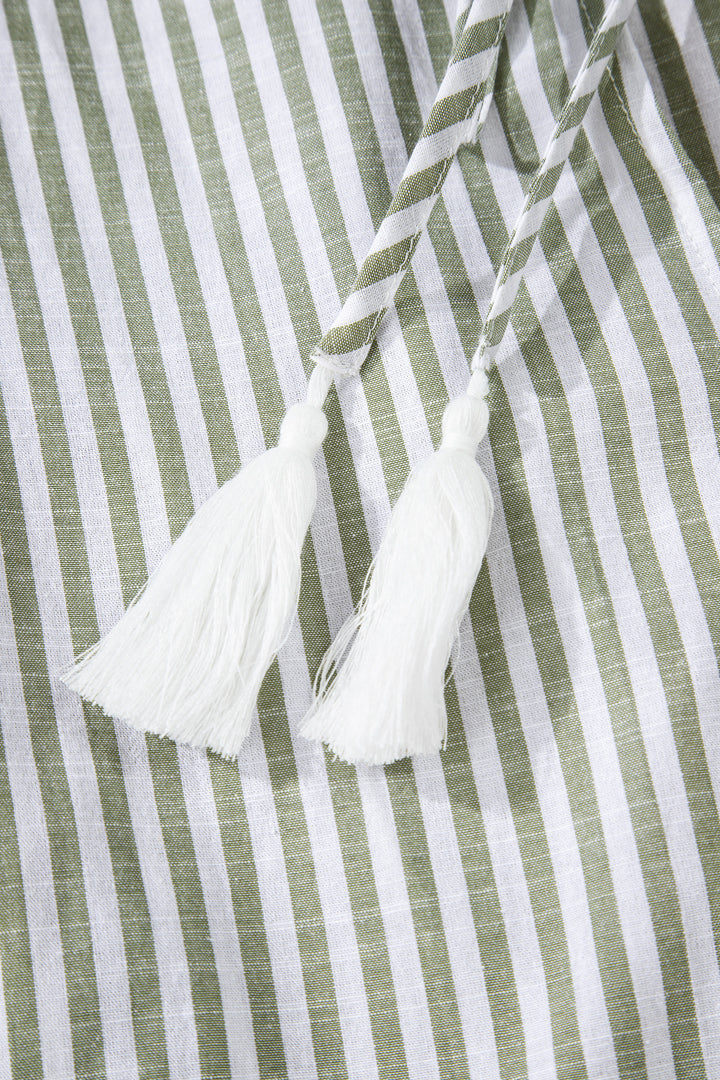 Green Stripe Tasseled Tie Neck Ruffled Short Sleeve Tiered Flattering Dress