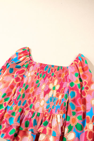 Multicolor Floral Print Smocked Square Neck Ruffles Blouse