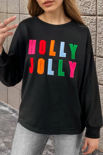 Black Chenille Holly Jolly Graphic Long Sleeve Top