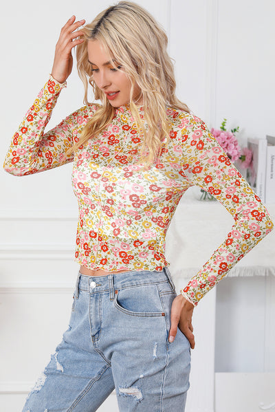 Multicolor Floral Lettuce Hem Long Sleeve Top