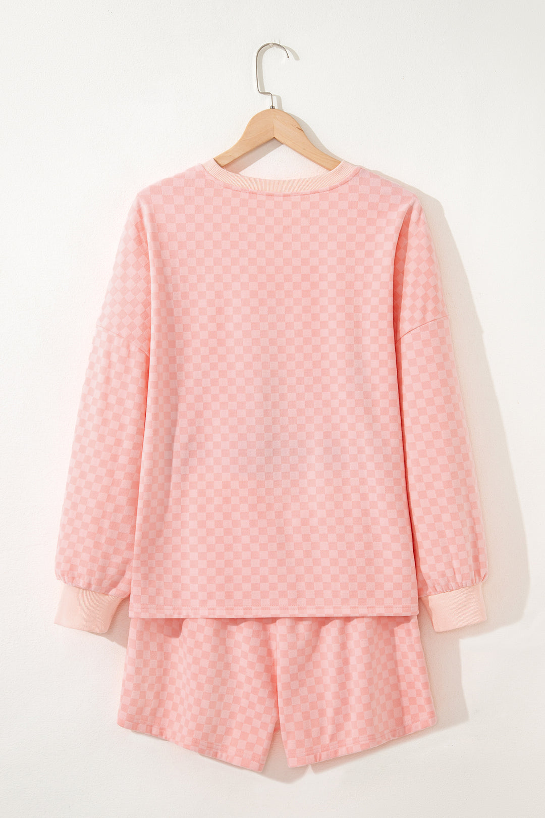 Pink Checkerboard Long Sleeve Pullover and Shorts Set