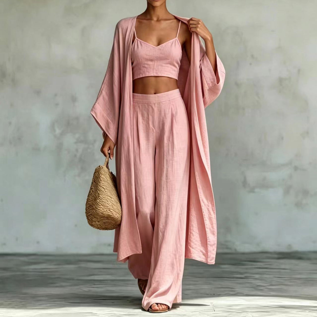 Loose Cardigan &amp; Strap Top High Waist Wide Leg Pants Set – 3-Piece