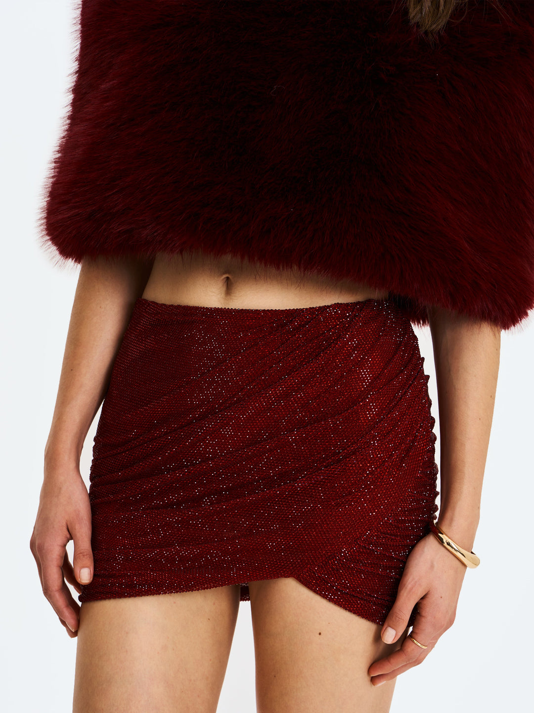 Darleen Crimson Rhinestone Mesh Low Waist Ruched Skirt