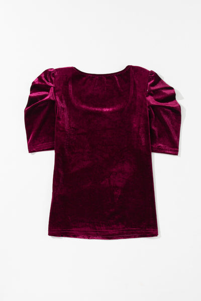 Burgundy Short Puff Sleeve Velvet Top