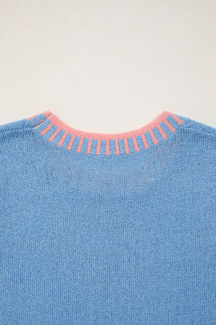 Sky Blue Contrast Trim Round Neck Sleeveless Sweater