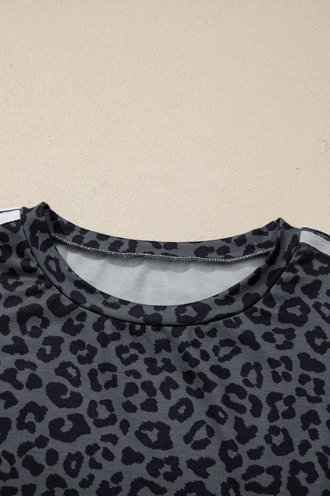 Gray Leopard Print Varsity Striped Detail 3/4 Sleeve Top Shift Pant Set