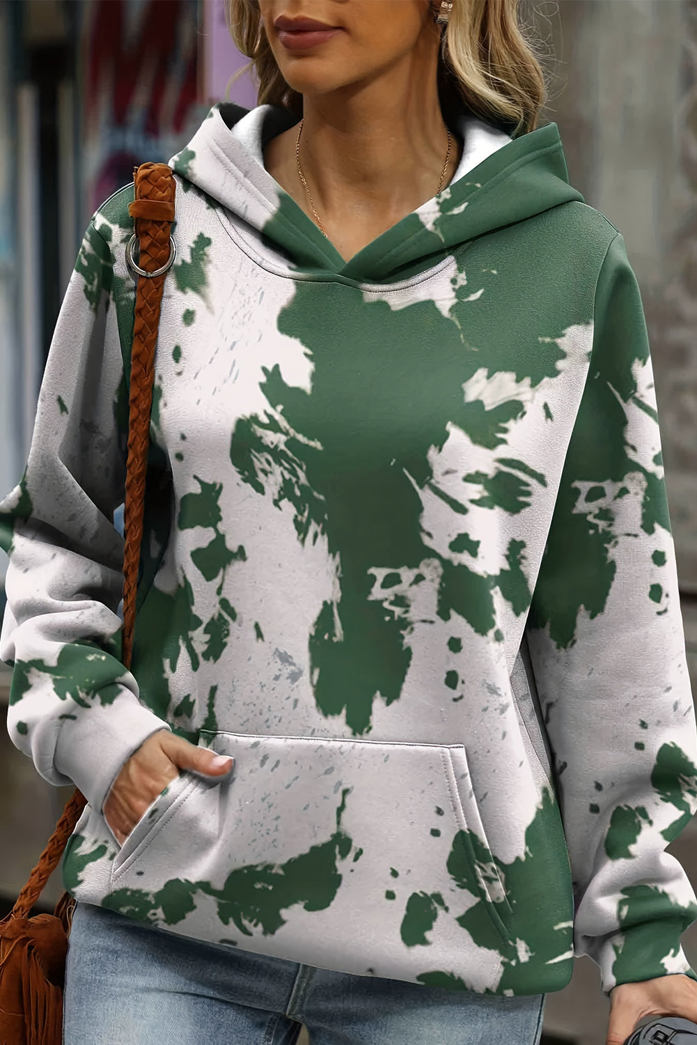 Green Tie Dye Print Kangaroo Pocket Loose Hoodie