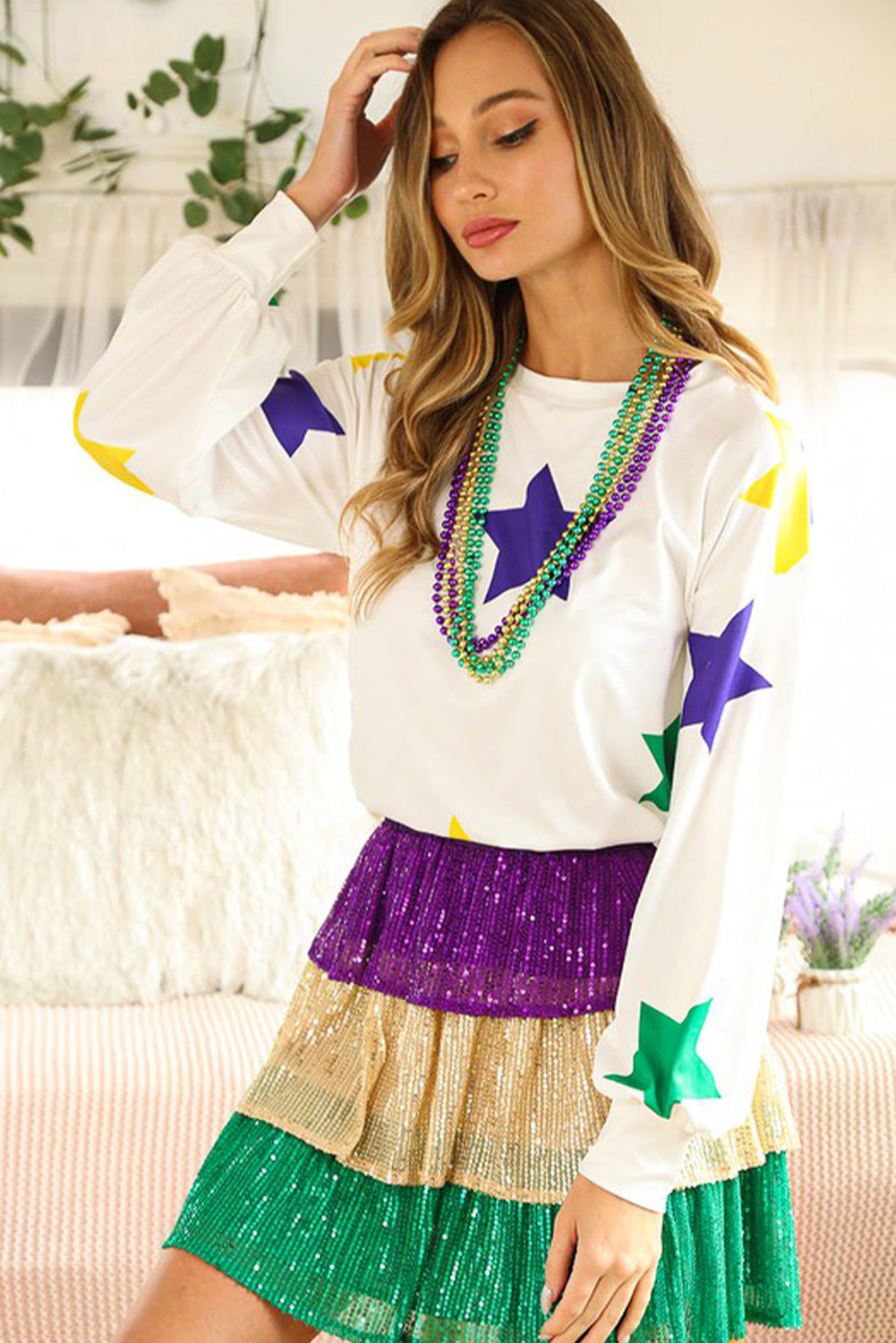 White Mardi Gras Star Printed Long Sleeve Top