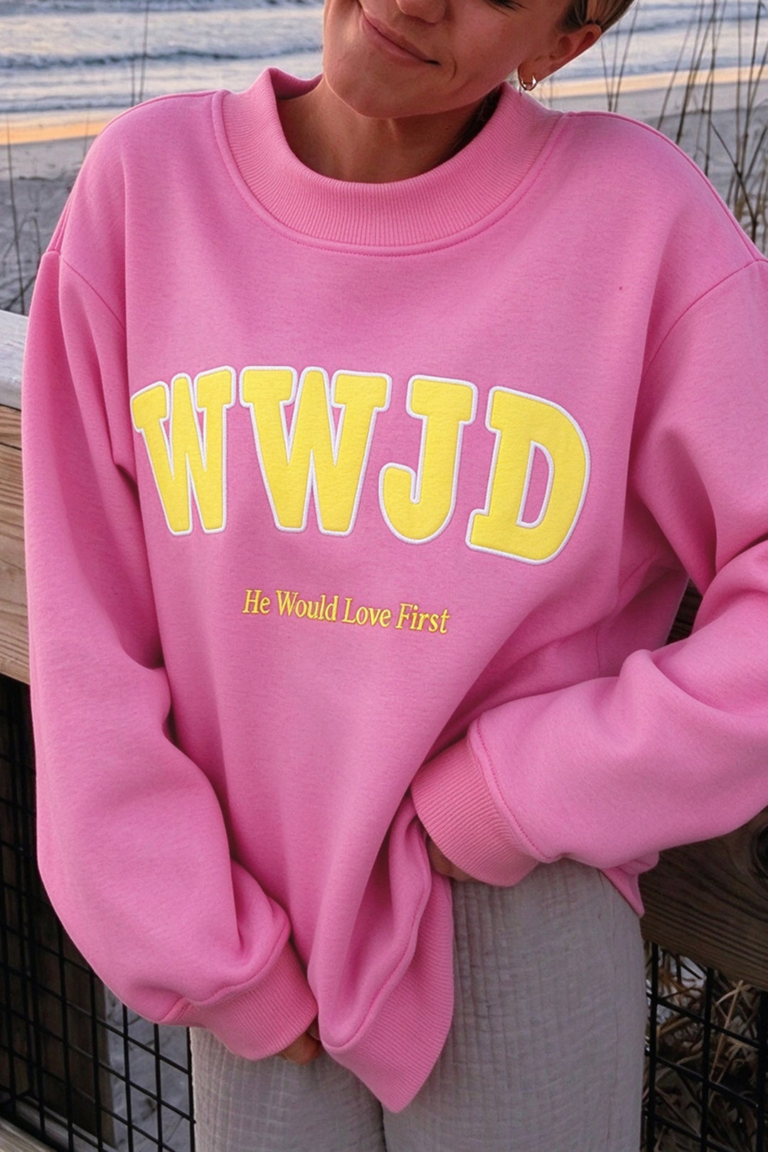 Pink WWJD Embroidered Trim Slogan Graphic Mock Pullover Sweatshirt