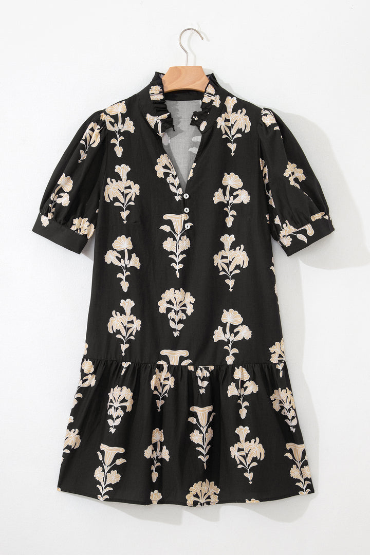 Green Frilled V Neck Puff Short Sleeve Floral Mini Dress