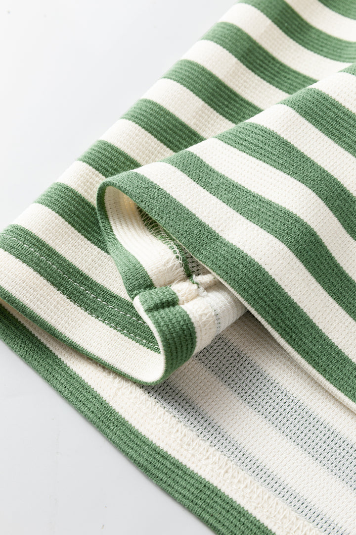 Green Stripe Short Puff Sleeve Contrast Trim Round Neck Tee