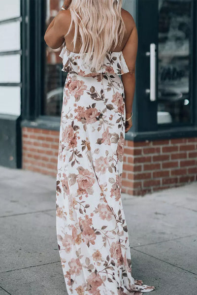 White Floral Slit Ruffled Halterneck Maxi Dress